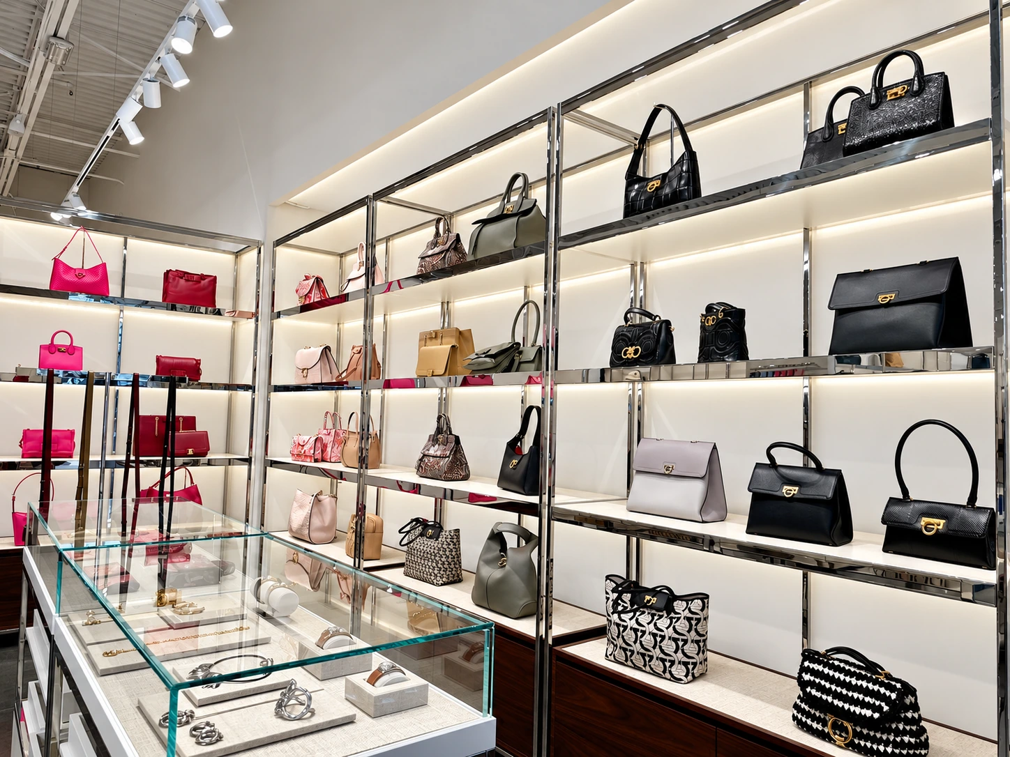 Retail shelving with integrated display lighting and handbags